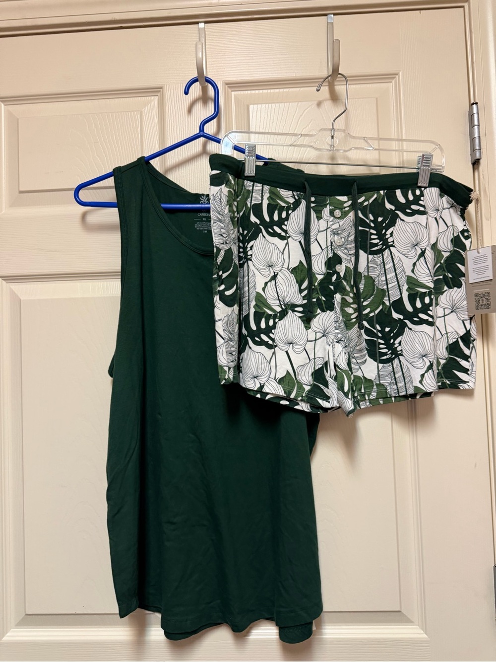 Dark Green Tank Top with Tropical Leaf Print Shorts